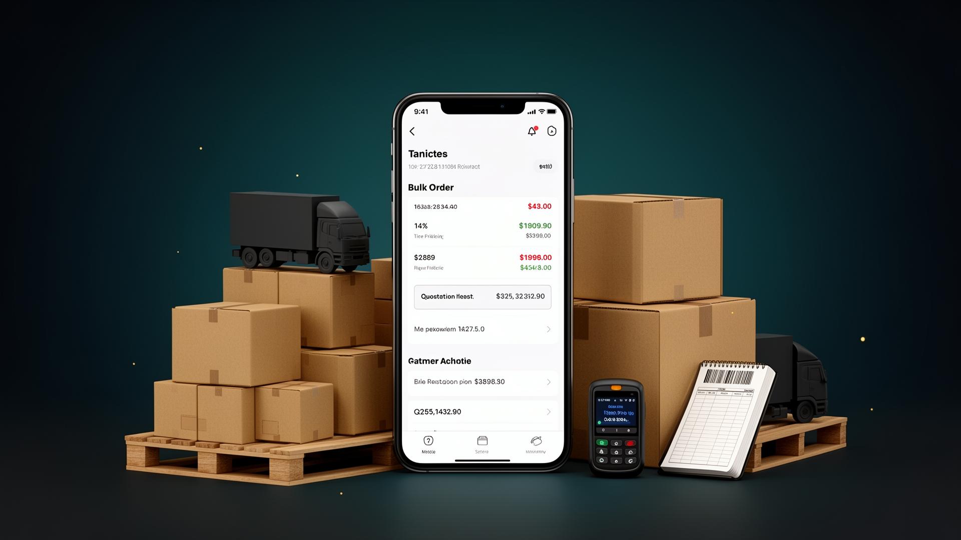 Wholesale B2B app — bulk order screen with tier pricing, surrounded by warehouse boxes, pallet, freight truck and barcode scanner