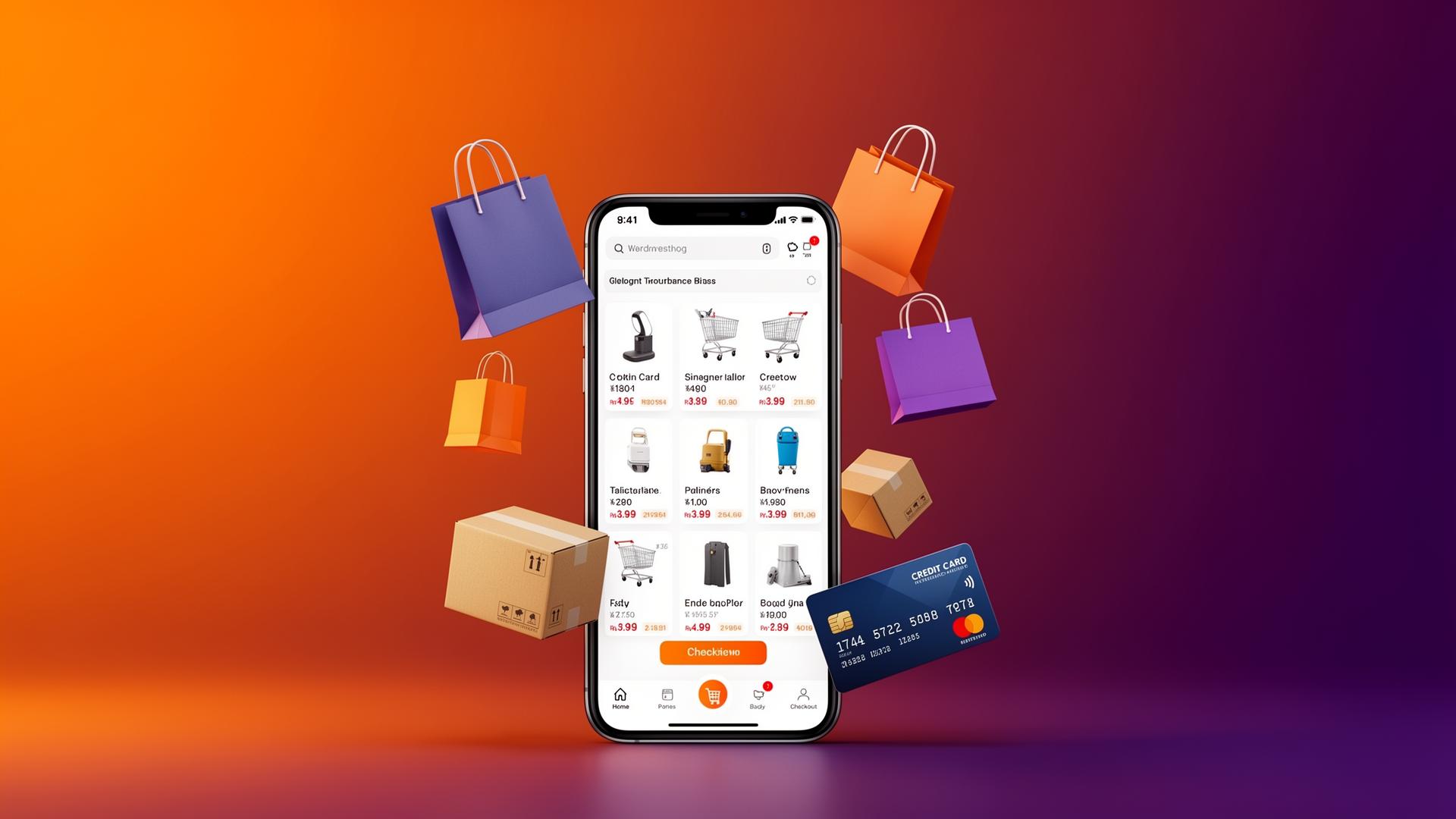 E-commerce app — online shopping with product grid, shopping cart, checkout and delivery package