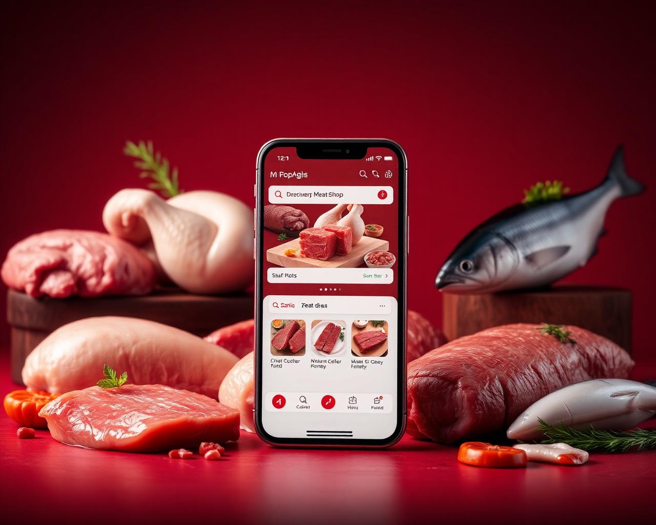 Meat shop delivery app — fresh chicken, mutton, fish and seafood with a smartphone showing a meat ordering app