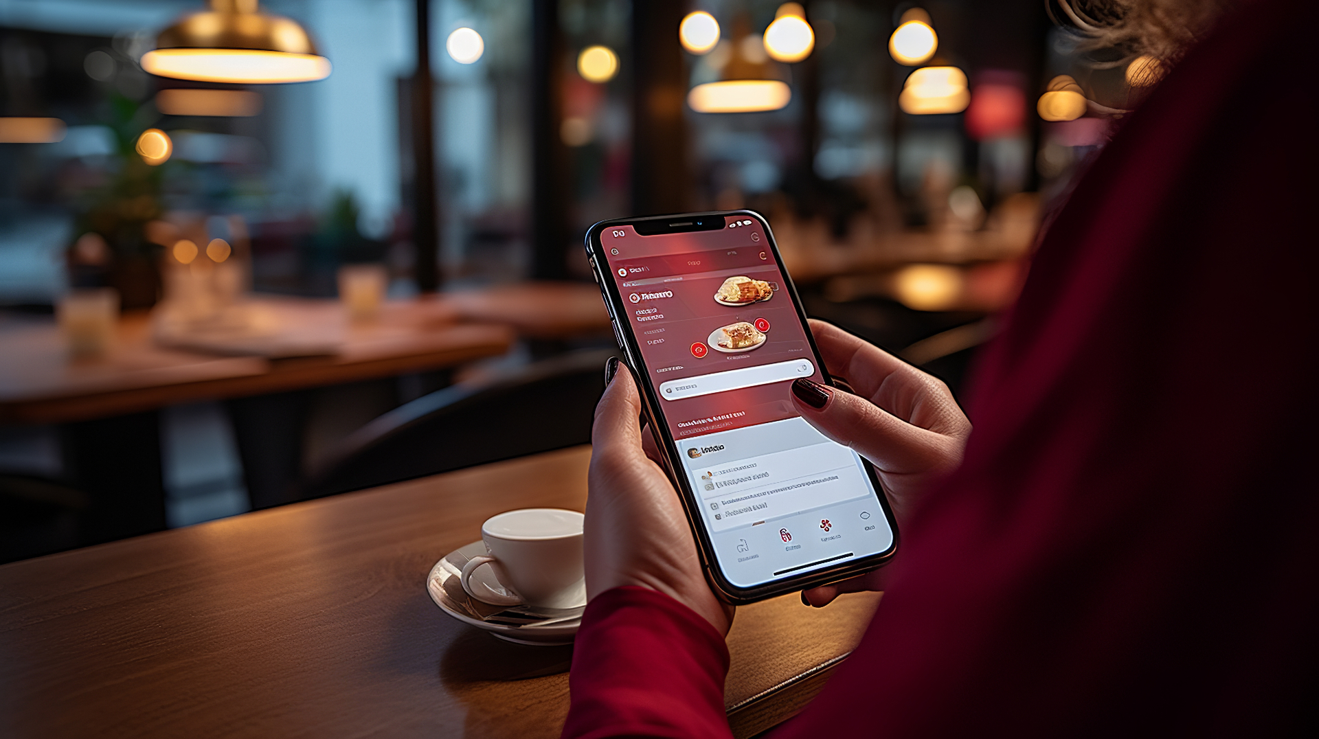 Customer using the restaurant food ordering app on a smartphone in a cozy restaurant