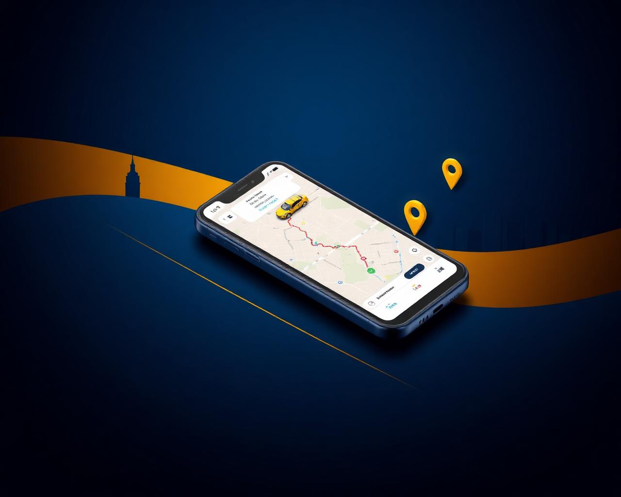 Travel and taxi booking app — smartphone with live map tracking, taxi car and GPS pins